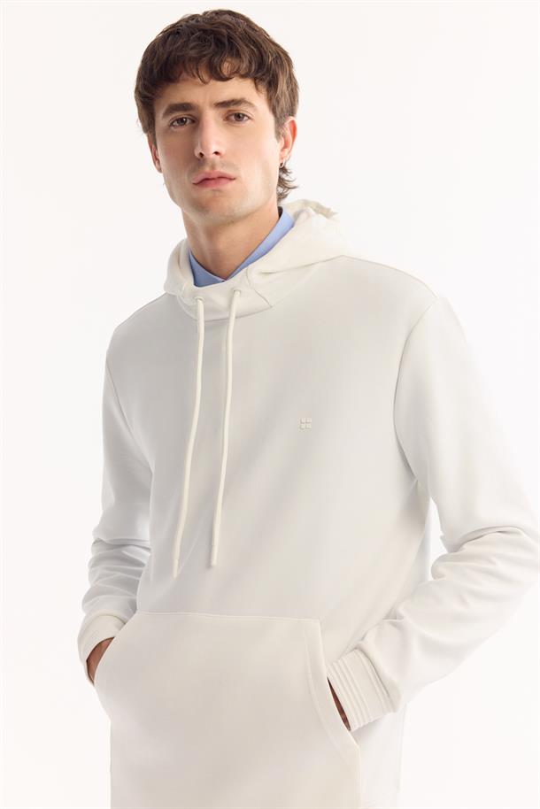 Ekru Kapüşonlu Yaka Kanguru Cepli   İnterlok Sweatshirt