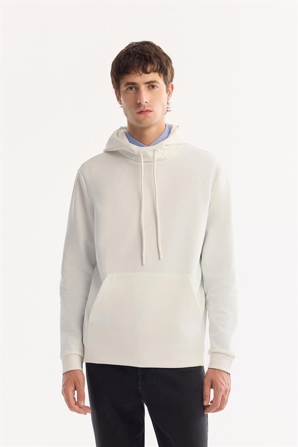 Ekru Kapüşonlu Yaka Kanguru Cepli   İnterlok Sweatshirt