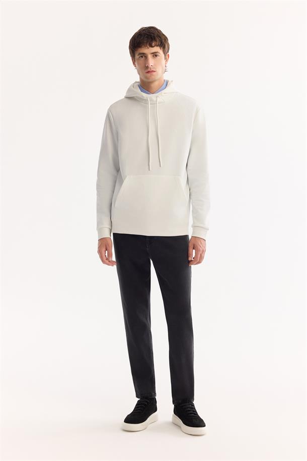 Ekru Kapüşonlu Yaka Kanguru Cepli   İnterlok Sweatshirt