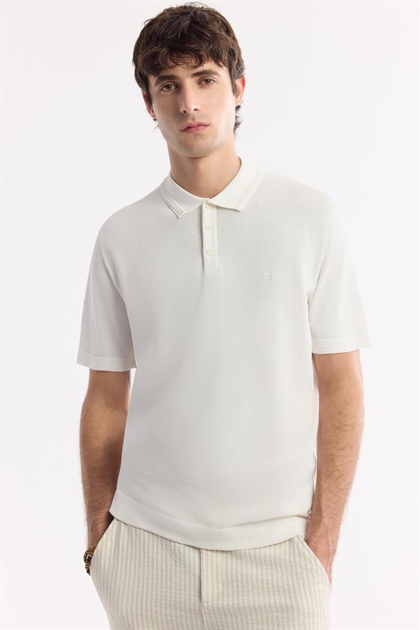 Ekru Polo Yaka Basic Rayon Triko T-shirt