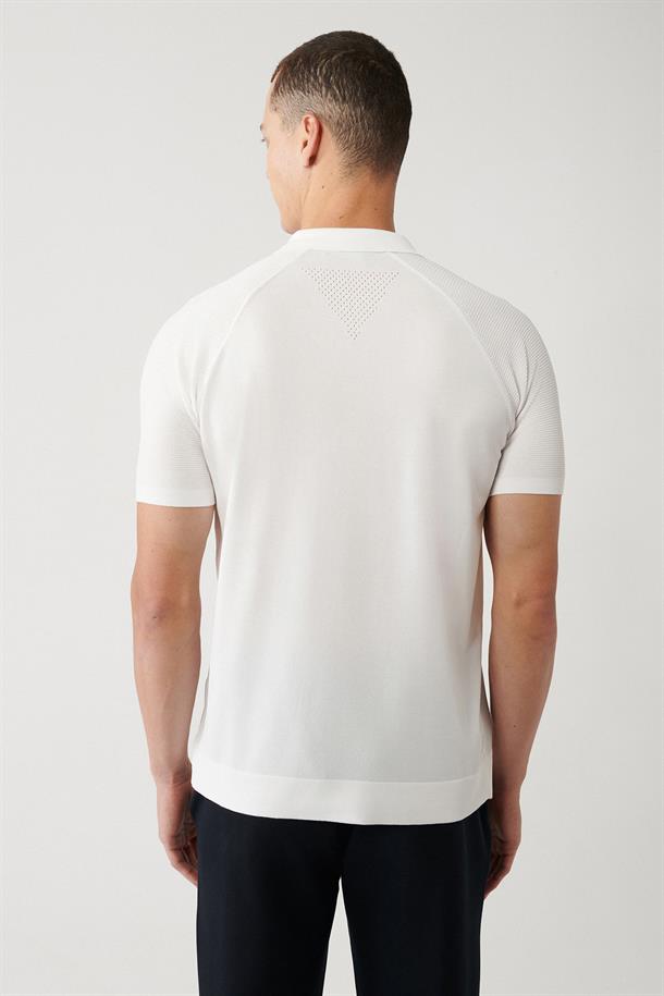 Ekru Polo Yaka Kolları Örgü Detaylı Regular Fit Standart Kesim Rayon Triko T-Shirt