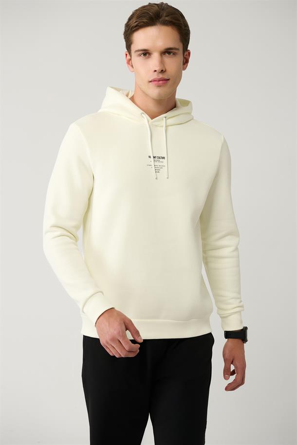 Ekru Sweatshirt Kapüşonlu Yaka Şardonlu Baskılı Regular Fit 