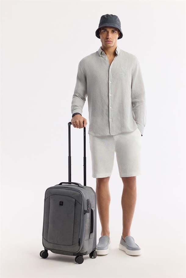 Gri Alttan Britli Yaka %100 Keten Nakış Detaylı Comfort Fit Uzun Kol Gömlek