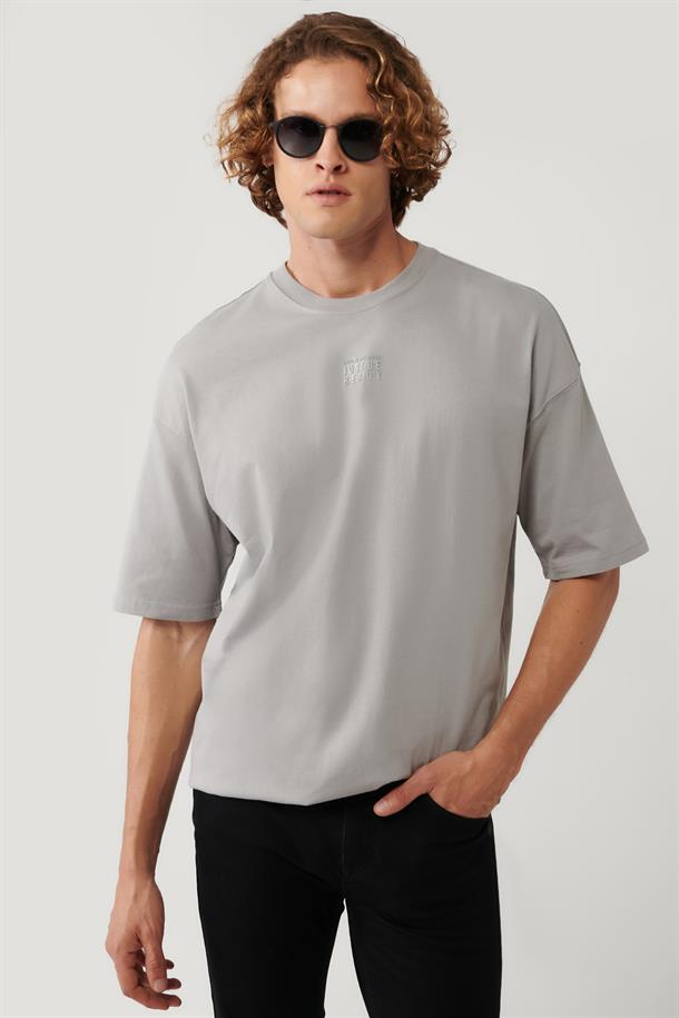 Gri Baskılı Bisiklet Yaka Oversize T-shirt