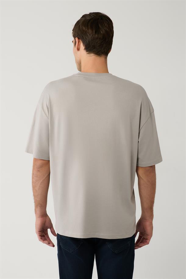 Gri Baskılı Bisiklet Yaka Pamuklu Oversize T-shirt