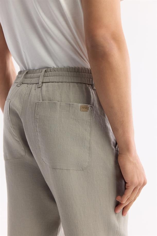 Gri Beli Lastikli %100 Keten Pantolon