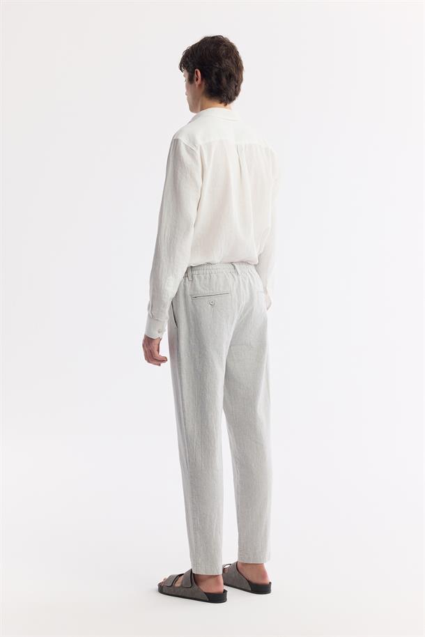 Gri Beli Lastikli Bağcıklı Ketenli Pamuk Dokulu Korikos Relaxed Fit Chino Pantolon