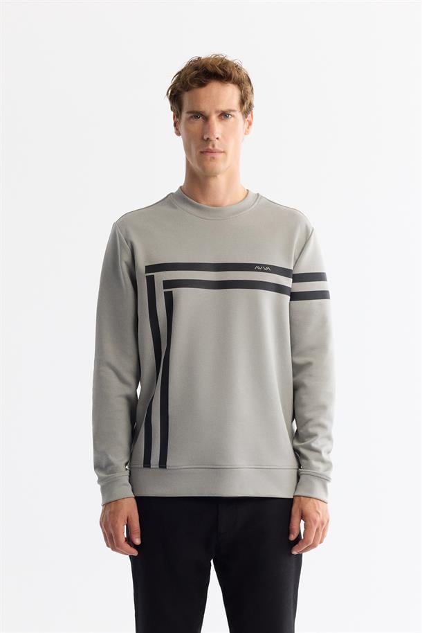 Gri Bisiklet Yaka Baskılı Sweatshirt