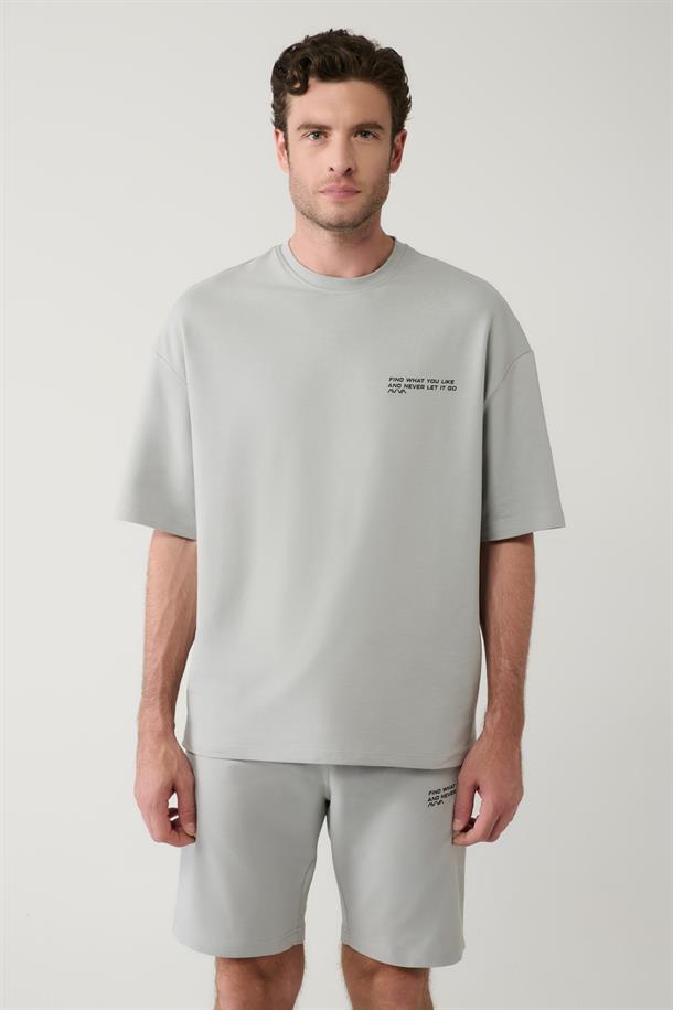 Gri Bisiklet Yaka Oversize Baskılı T-shirt, Örme Regular Şort 2 iplik Takım