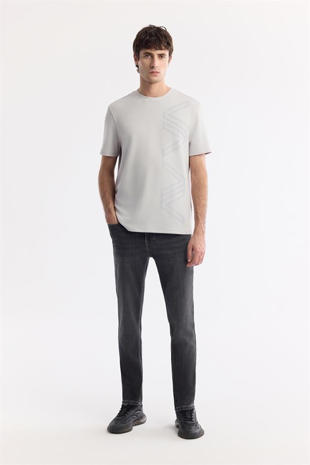 Gri Bisiklet Yaka Puff Print T-Shirt