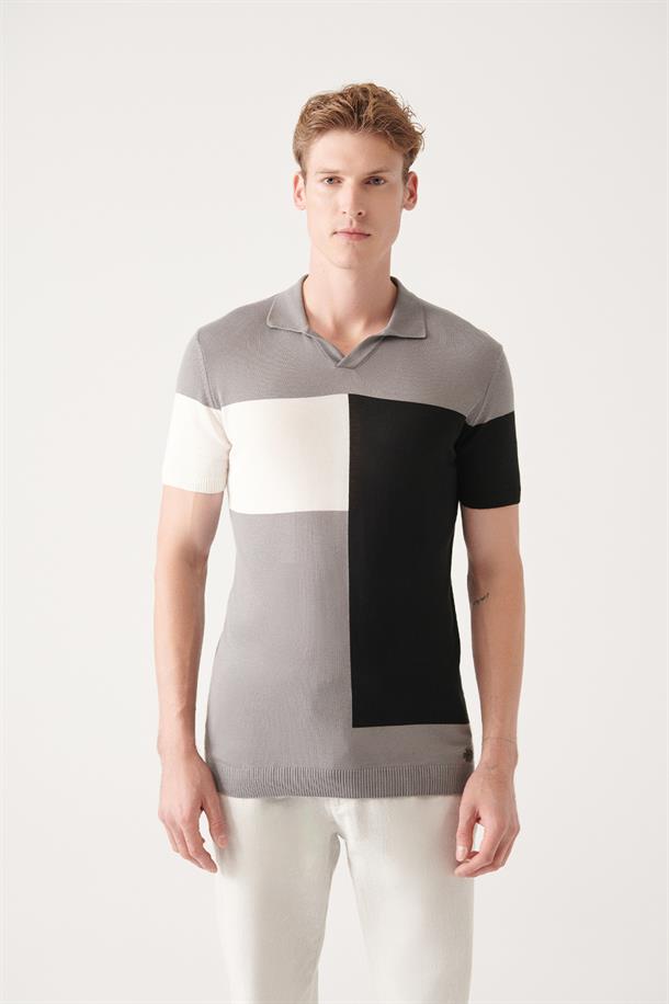 Gri Düğmesiz Polo Yaka Blok Renkli Triko T-shirt