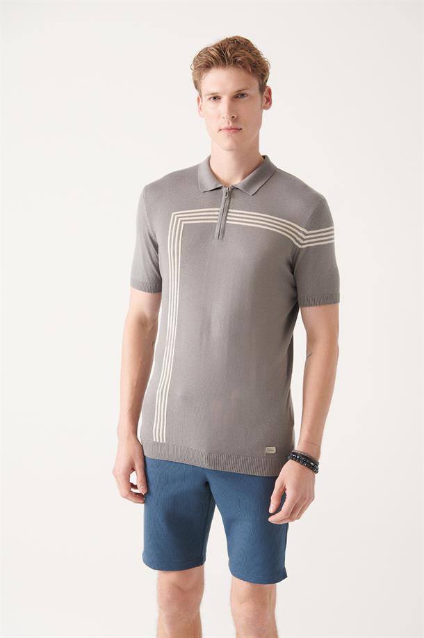 Gri Fermuarlı Polo Yaka Çizgi Detaylı Kısa Kollu Slim Fit Triko T-Shirt