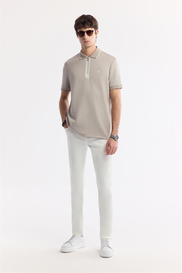 Gri Fermuarlı Polo Yaka Flexi Baskı Detaylı İnterlok T-Shirt