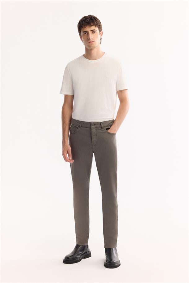 Gri Haki Klasik Bel Armürlü Tensel Karışımlı 5 Cep Perge Slim Fit Pantolon