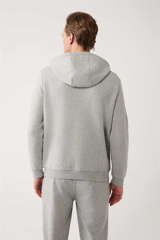 Gri Kapüşonlu Yaka Şardonlu 3 İplik Fermuarlı Sweatshirt