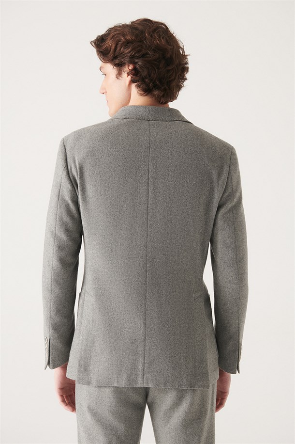 Gri Mono Yaka Yünlü Astarsız Slim Fit Takım Elbise Ceketi