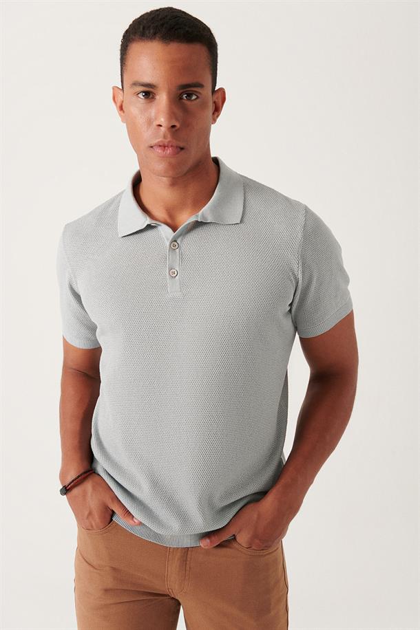 Gri Polo Yaka Dokulu Basic Triko T-shirt