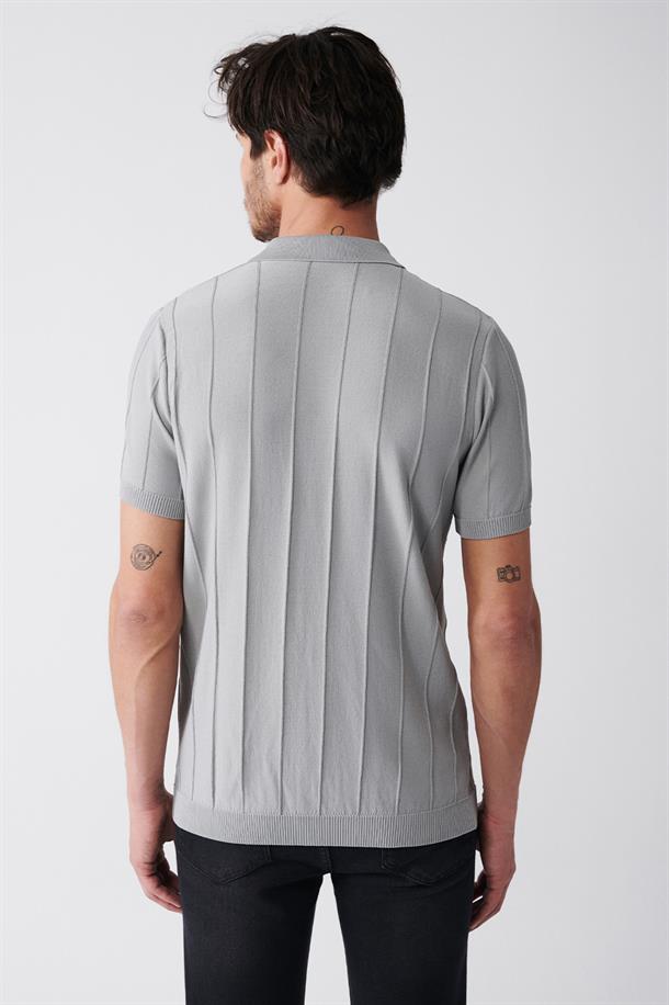 Gri Polo Yaka Fermuarlı Fitil Örgü Detaylı Triko T-shirt