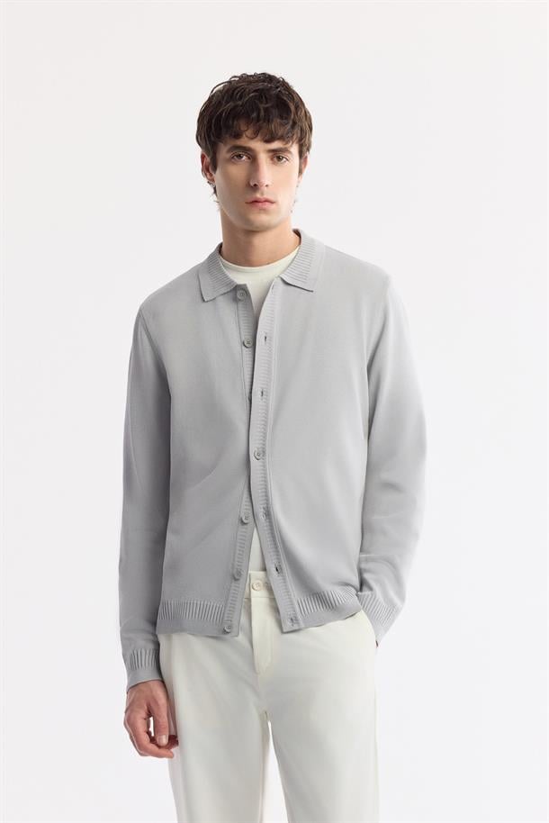 Gri Polo Yaka Önden Düğmeli Rayon Triko Hırka