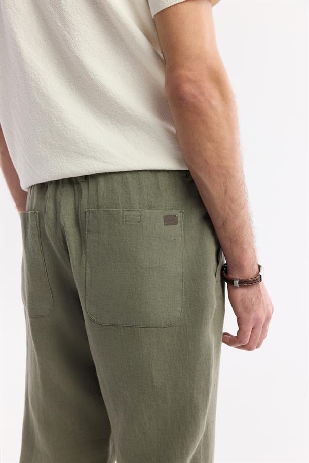 Haki Beli Lastikli %100 Keten Pantolon