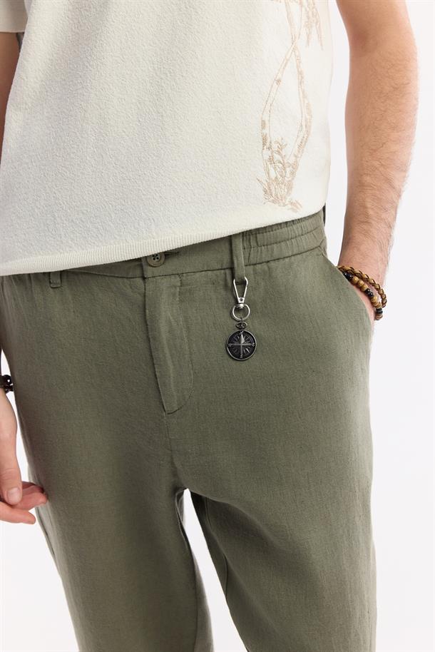 Haki Beli Lastikli %100 Keten Pantolon