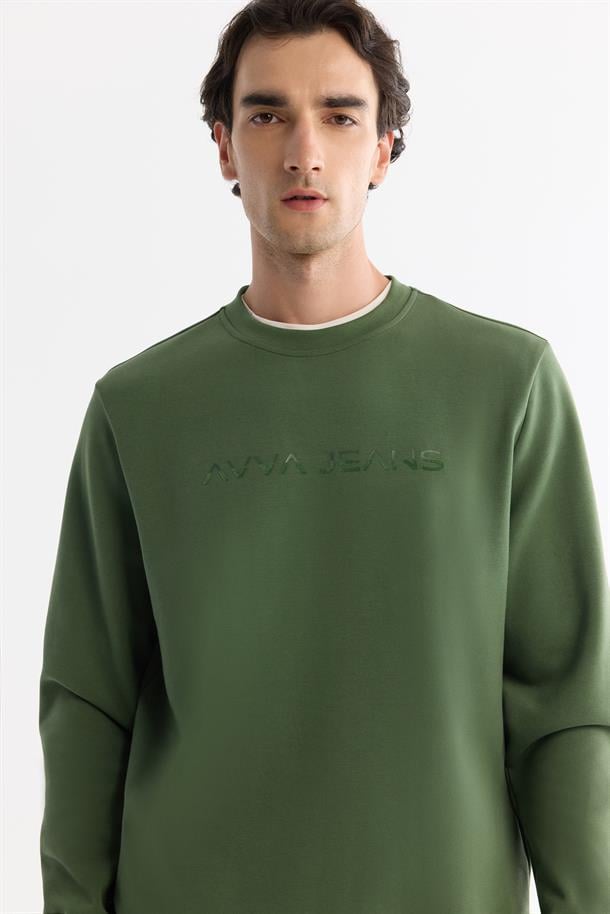 Haki Bisiklet Yaka Baskılı Sweetshirt