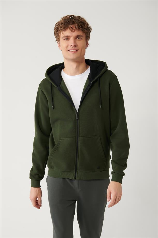 Haki Kapüşonlu Yaka Şardonlu 3 İplik Fermuarlı Sweatshirt