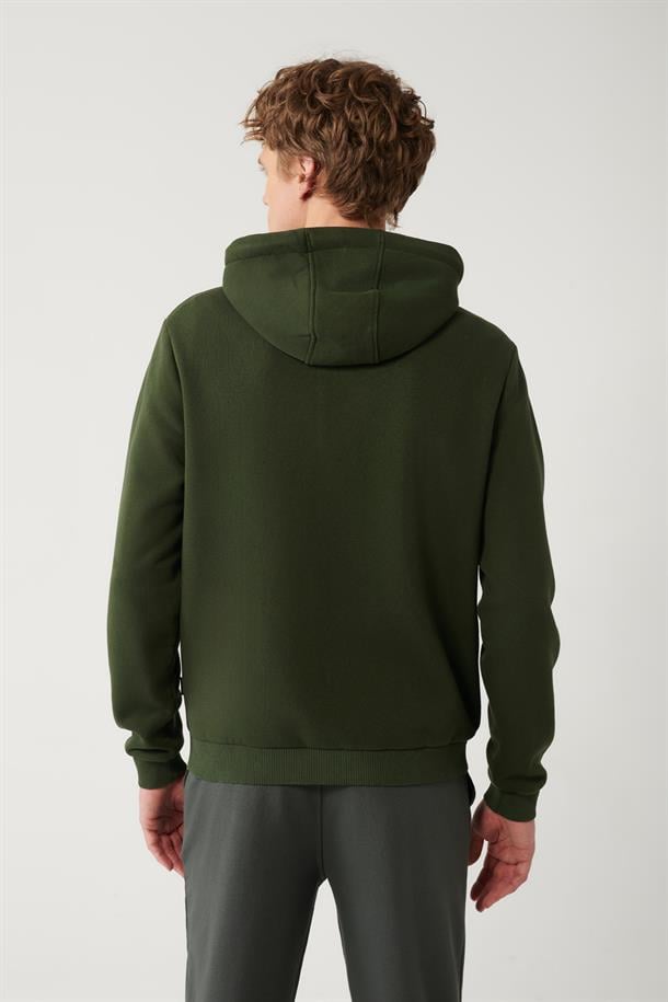 Haki Kapüşonlu Yaka Şardonlu 3 İplik Fermuarlı Sweatshirt