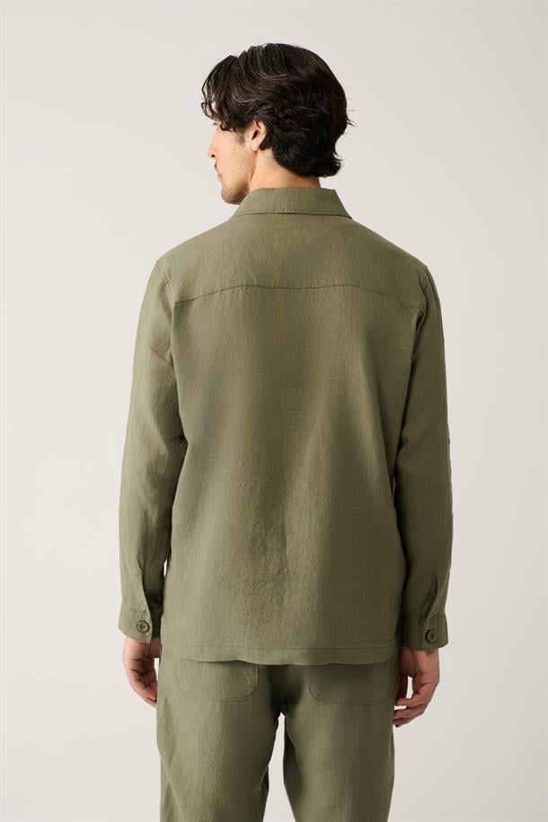 Haki Klasik Yaka %100 Keten Comfort Fit Gömlek Ceket