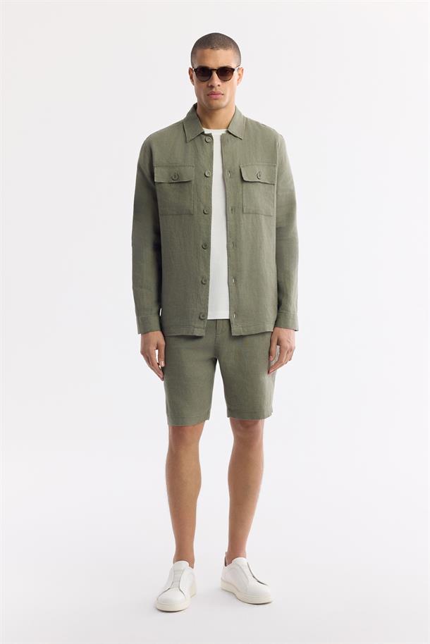 Haki Klasik Yaka %100 Keten Comfort Fit Gömlek Ceket