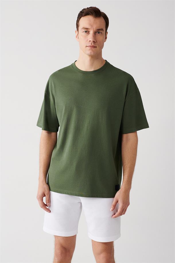 Haki Oversize Bisiklet  Yaka T-shirt