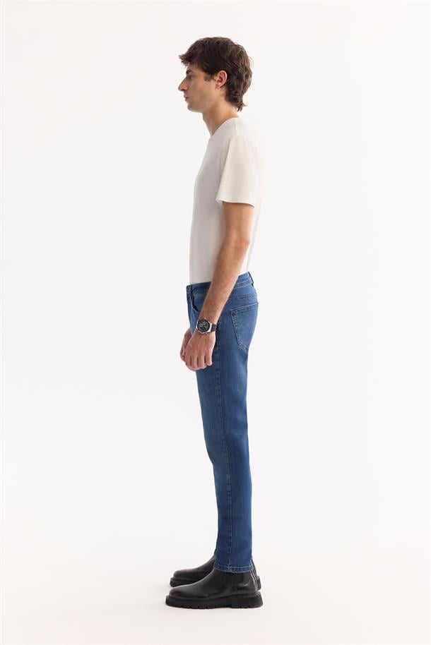 İndigo Eskitme Yıkmalı Jean Pantolon
