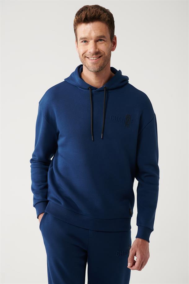 İndigo Kapüşonlu Yaka Gofre Baskılı Şardonlu 3 İplik Comfort Fit Rahat Kesim Sweatshirt