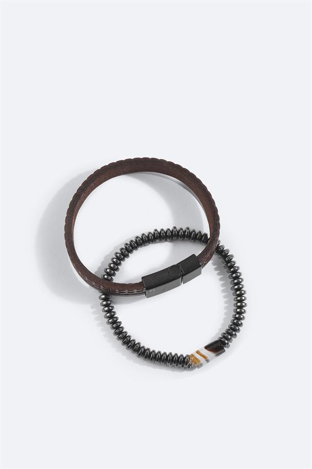 Brown Leather and Stone Beaded Bracelet