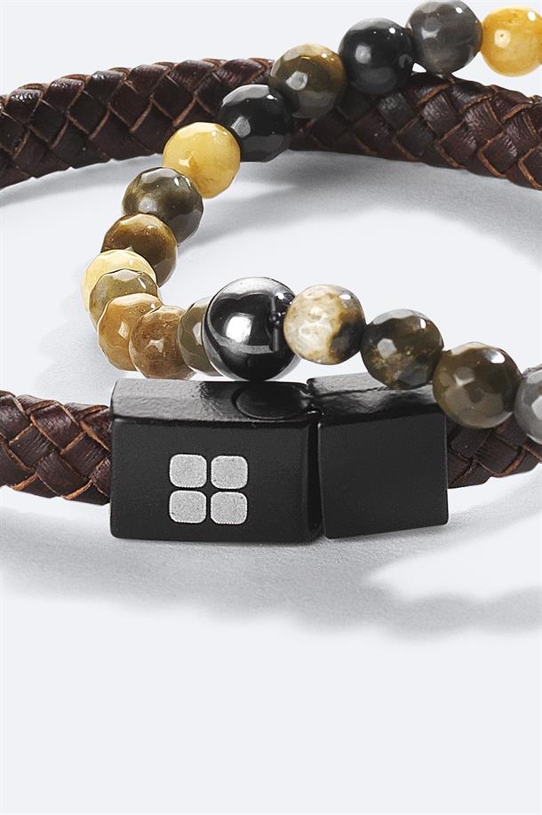 Brown Leather and Stone Beaded Bracelet