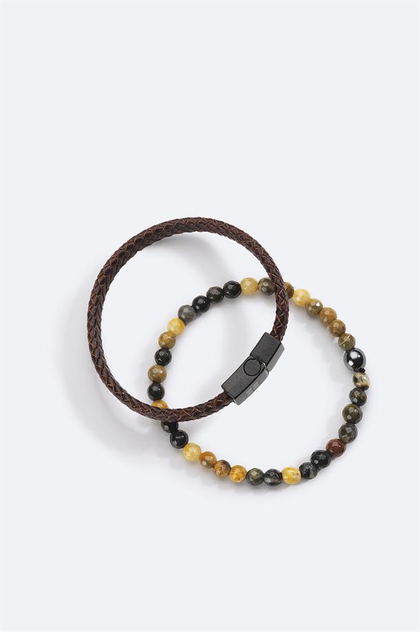 Brown Leather and Stone Beaded Bracelet