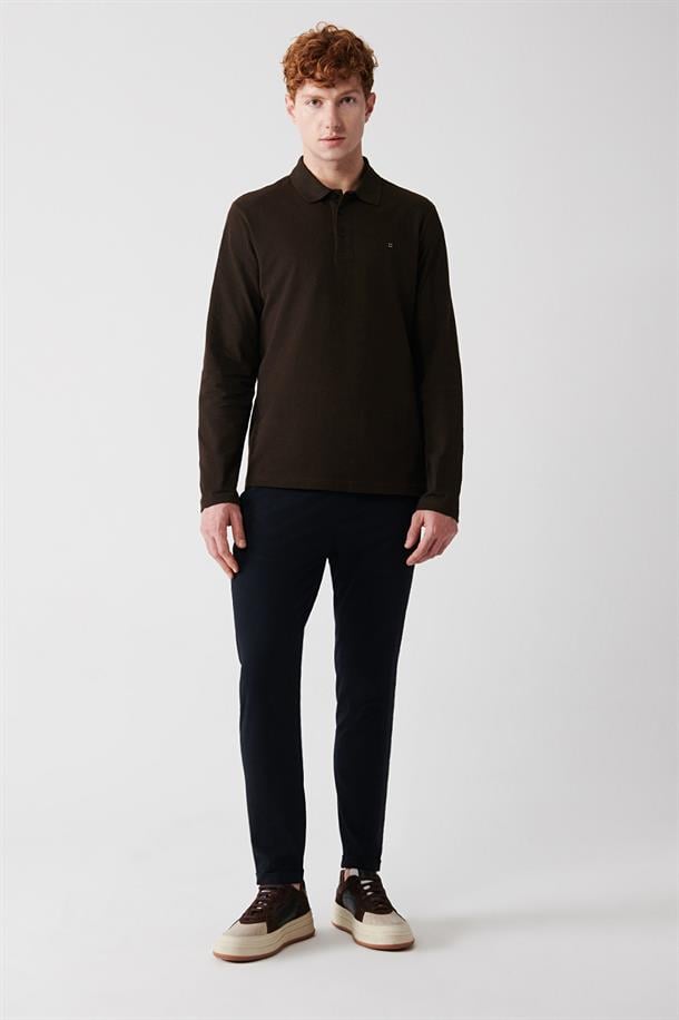 Kahverengi Polo Yaka %100 Pamuk Basic Regular Fit Standart Kesim Sweatshirt