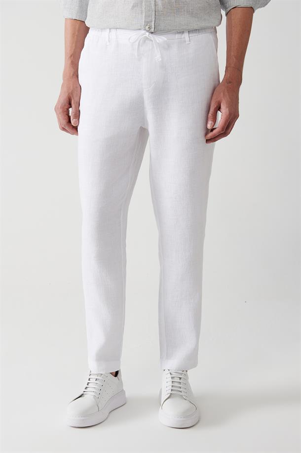 Kırık Beyaz %100 Keten Yandan Cepli Relaxed Fit Pantolon