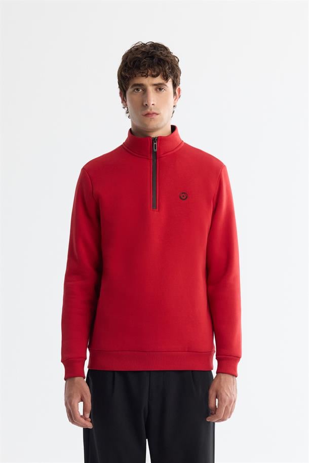 Kırmızı Dik Yaka Fermuarlı Şardonlu 3 İplik Sweatshirt