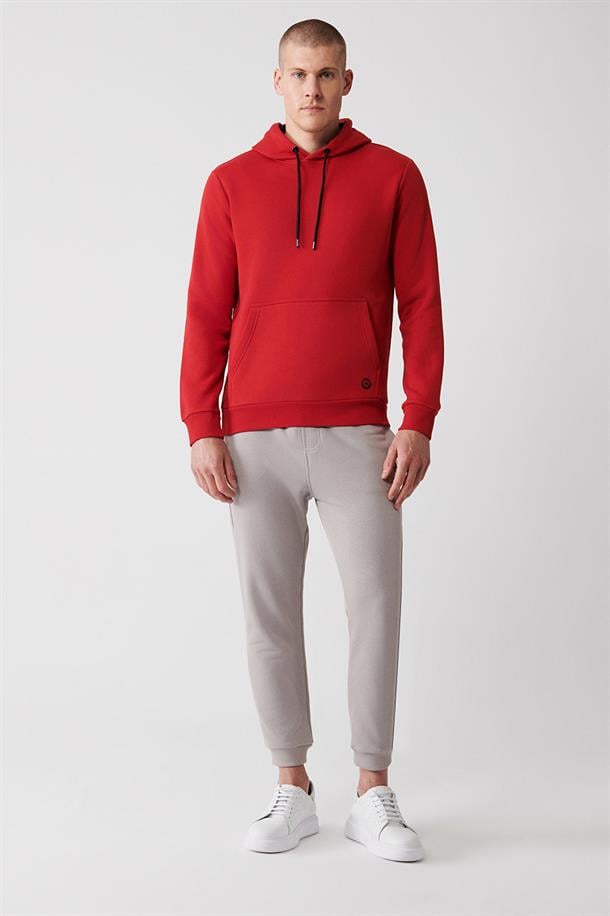 Kırmızı Kapüşonlu Yaka İçi Polarlı 3 İplik Pamuklu Regular Fit Standart Kesim Unisex Sweatshirt