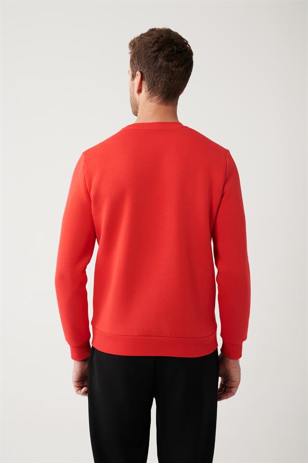 Kırmızı Şardonlu Kumaş Bisiklet Yaka Flok Baskılı Sweatshirt