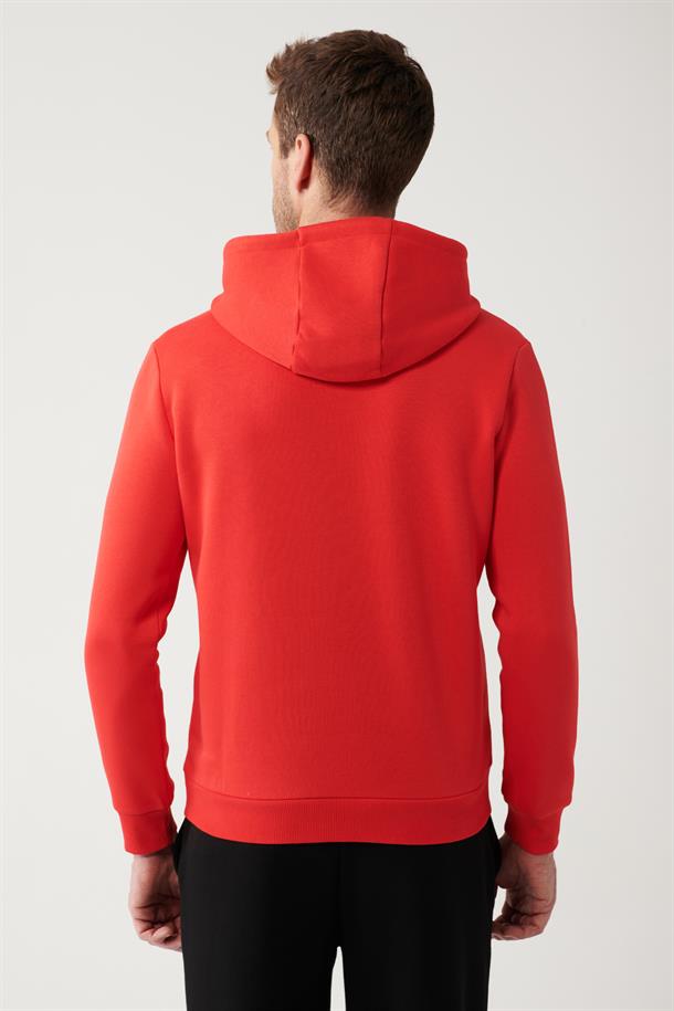 Kırmızı Şardonlu Kumaş Kapüşonlu Yaka Piramit Baskılı Sweatshirt
