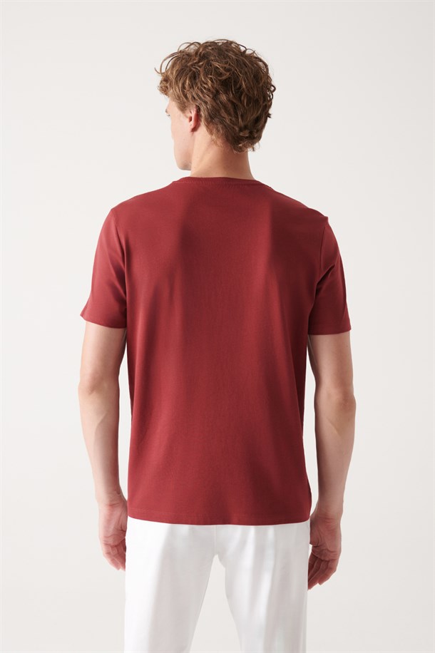 Koyu Bordo Bisiklet Yaka %100 Pamuk Basic T-Shirt