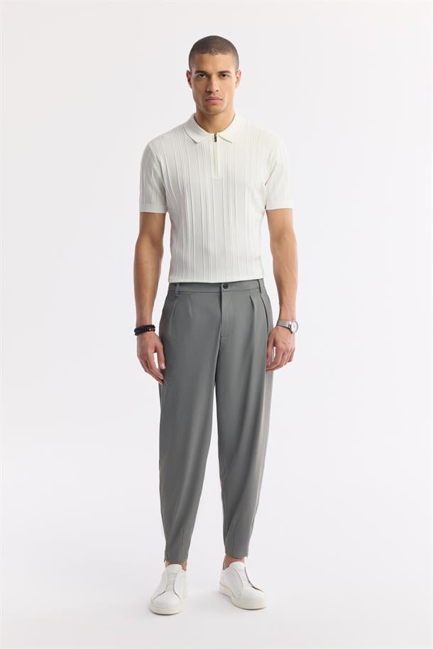 Koyu Gri Klasik Bel Teknik Kumaş Baggy Fit Paçası Fermuarlı Pantolon