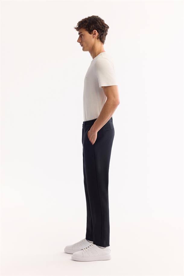 Koyu Lacivert Dokulu Yanı Lastikli Slim Fit Pantolon