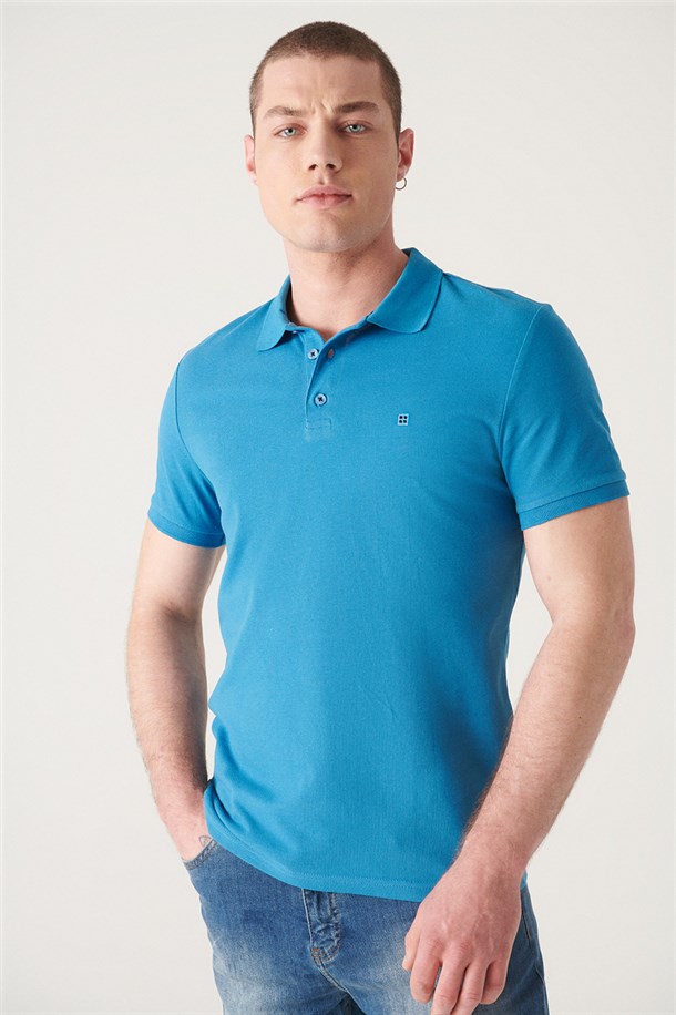 Koyu Mavi Polo Yaka Slim Fit %100 Pamuk Basic T-Shirt