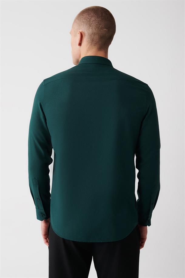 Koyu Yeşil Düğmeli Yaka Kolay Ütülenebilir Oxford Pamuklu Regular Fit Standart Kesim Gömlek