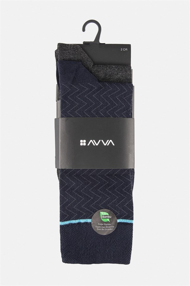 Lacivert-Antrasit Düz/Desenli 2'li Bambu Soket Çorap
