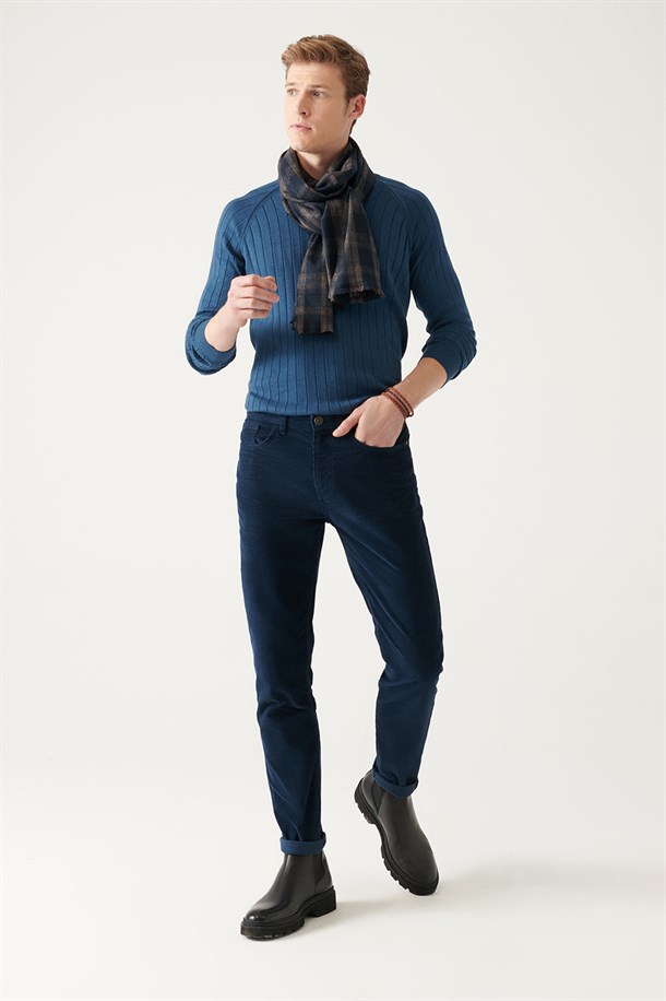 Lacivert Armürlü 5 Cep Slim Fit Pantolon