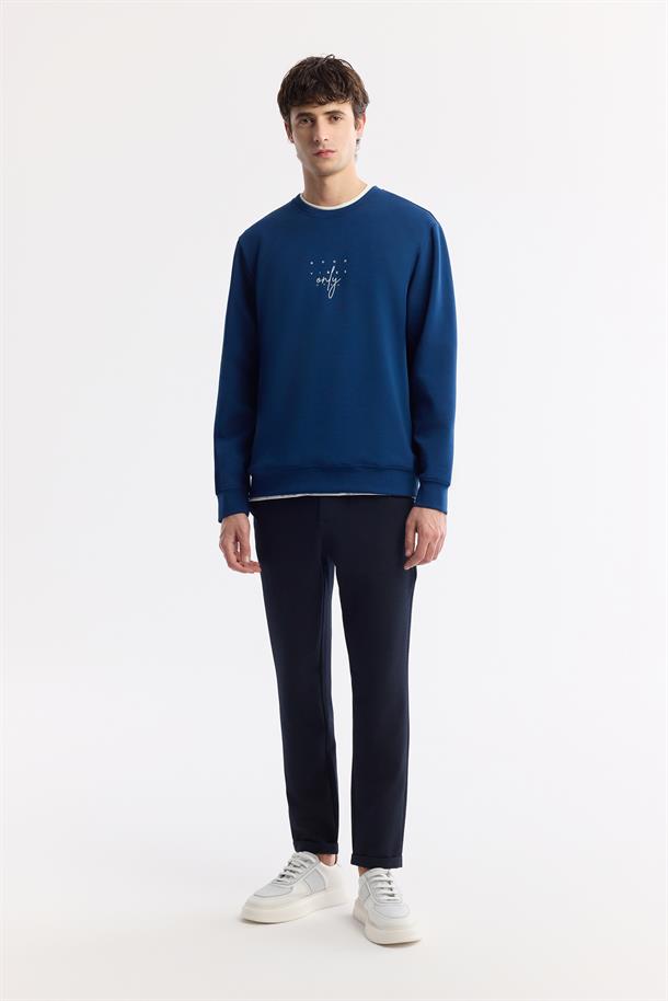 Lacivert Bisiklet Yaka Baskılı İnterlok Sweatshirt